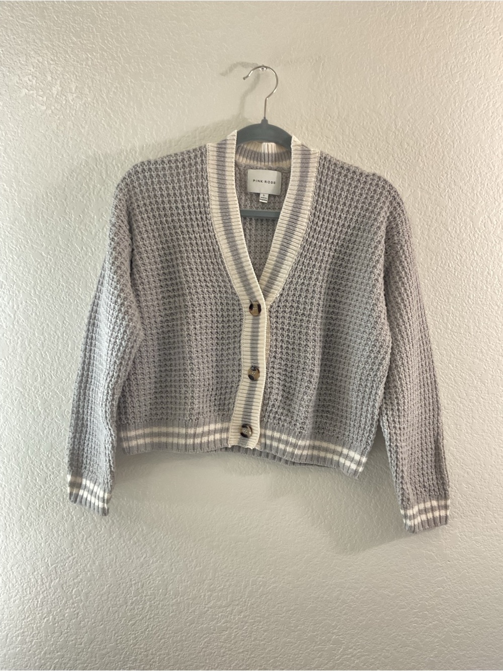 Pink Rose Gray Cropped V-Neck Varsity Waffle Knit Cropped Cardigan Preppy Layer